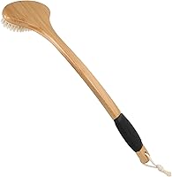 OWIIZI Bamboo Back Scrub Brush with Stiff Boar Bristles, Curved Long Handle for Shower - Wet/Dry Deep Clean Exfoliator