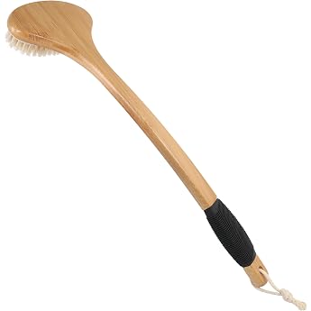 OWIIZI Back Scrubber Brush for Shower Stiff Boar Bristles Bamboo Curved Long Handle Non-Slip Body Bath Brush for Back Wet or Dry Deep Cleaning Large Surface