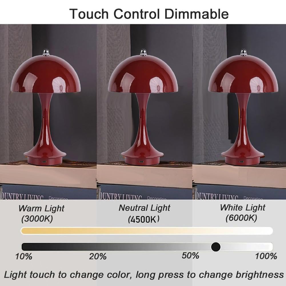 Pilzlampe LED Akku Tischlampe Kabellos USB Aufladbar Tischleuchte Batterie Dimmbar mit Touch Control Pilz Lampe Innen und Außen Tragbare Kinderzimmerlampe Batterie Schreibtischlampe,Red b