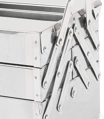 Miniatura 8 de Caja de herramientas de metal, caja de almacenamiento plegable portátil de acero inoxidable, 3 capas y 5 bandejas, organizador de herramientas