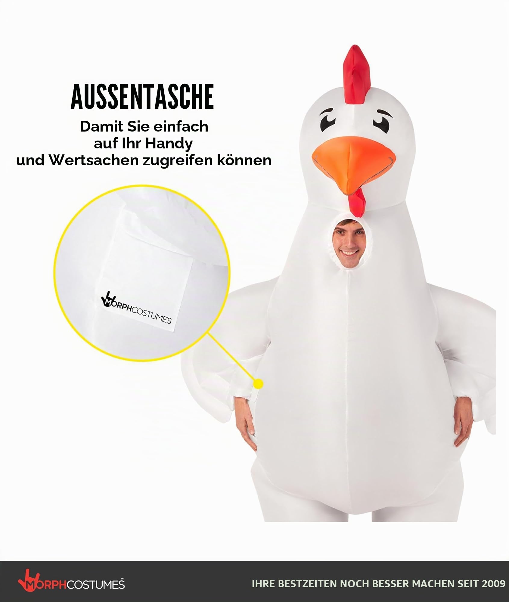 Morph Aufblasbares Hahn Kostüm Erwachsene, Halloween Kostüm | Aufblasanzug mit Gebläse, Übergroßes Hahn-Design, Bläst in 60 Sekunden auf, Perfekt für Halloween, Immer ein Hit