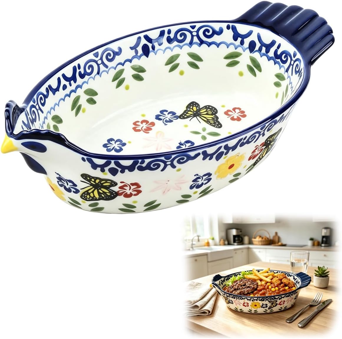 26 oz Chicken Shaped Ceramic Casserole Dishes, Flower Pattern Pie Pan