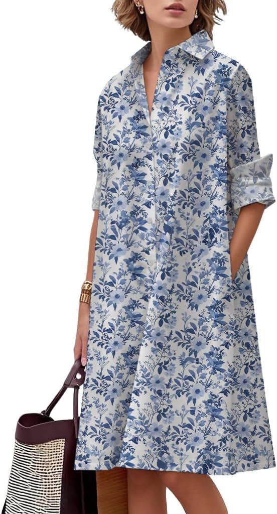 Shirt Dresses for Women 2025 Knee Length V Neck Boho Floral Printed Loose Work Button-Down Tunic Dress