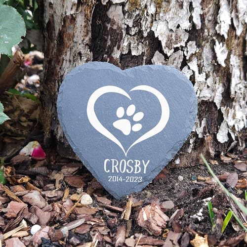 TULLUN Individueller Personalisiert Herzform Tiergrabstein Schiefer Natürlich Gedenkstein für Hund, Katze und andere Haustiere Tiere - Größe | 10 x 10 cm | - Herz