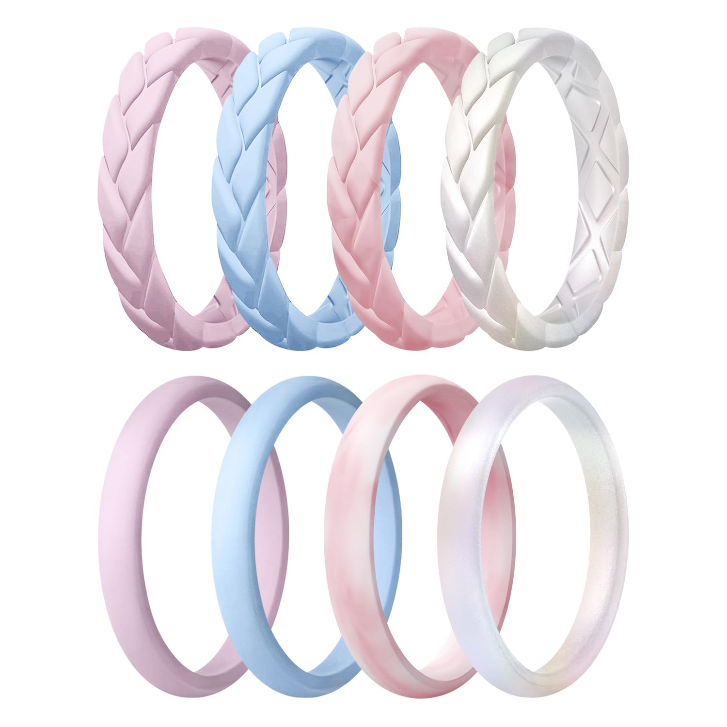 Egnaro Women's Silicone Stackable Rings 3.5mm Wide 2mm Thick, Rubber Flexible Hypoallergenic Wedding Bands For Workout Leaf Braided Fashion
