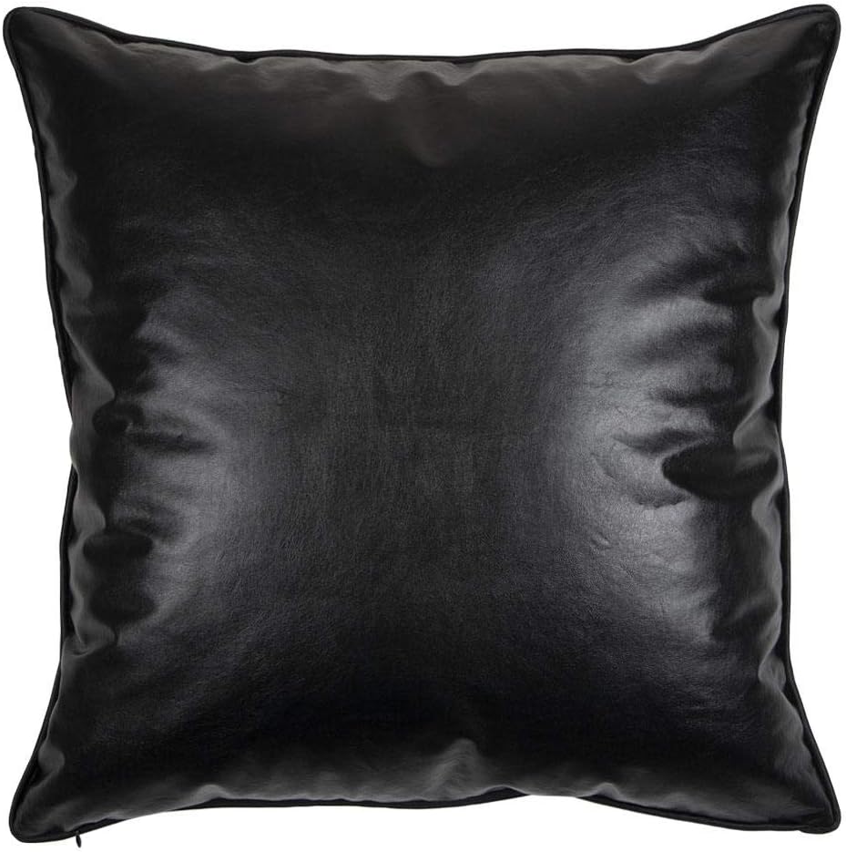 Faux Artificial Leather Black 24"x24" Pillowcase Pillow Cover Sham Slipcover Modern Fashionable Decorative Throw Square with Satin Piping for Home, Office, Couch, Sofa, Porch