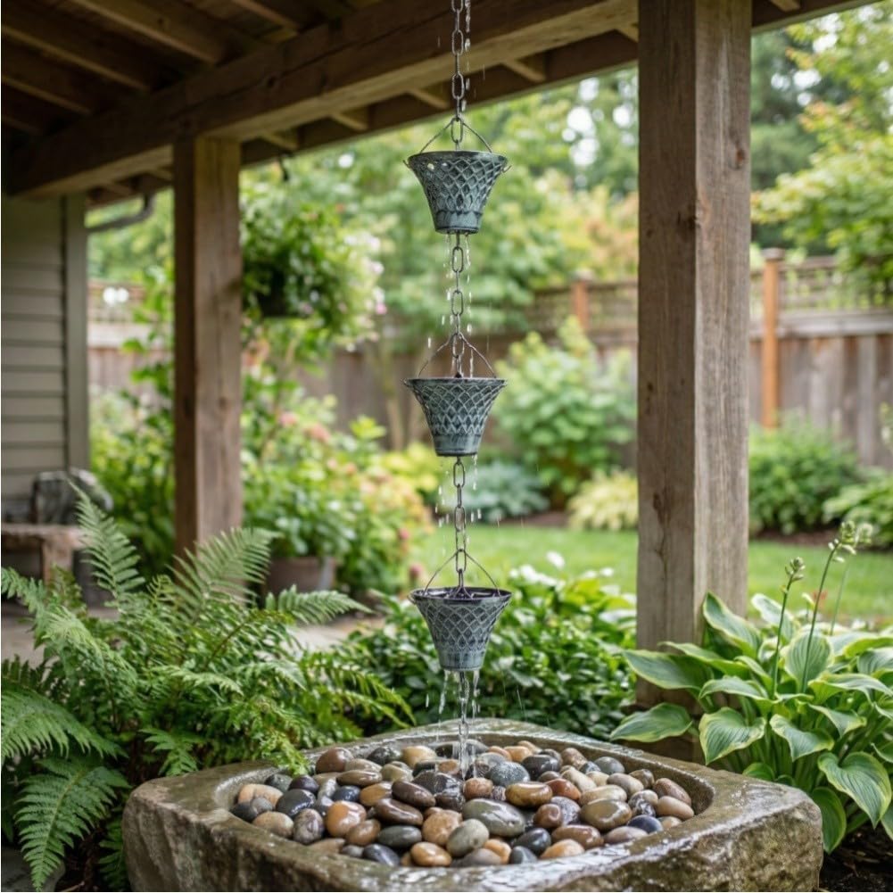 Chaîne de pluie de 2,7 m pour décoration de jardin en extérieur - Bronze bleu fer géométrique - Fixation de gouttière artistique facile à installer (bleu)