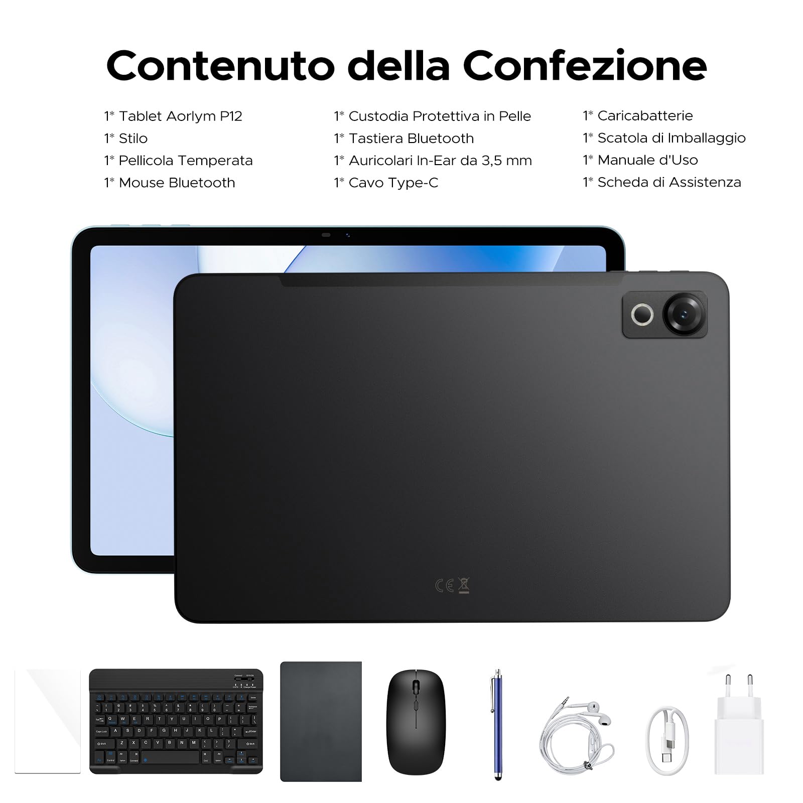 P12 Android 16 Tablet 12 Pollici,T7280 Octa-Core,48 RAM,Nero | 128GB/2TB TF, IPS 2.4K Display 120 Hz, 10000 mAh,WiFi5, 8MP+13MP,Gemini AI, Tablet con Tastiera, Face ID/GPS/OTG/FM