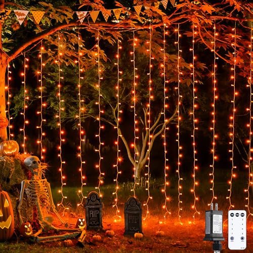 JMEXSUSS 300LED Orange Halloween Lights with Remote 9.8x9.8ft Halloween Curtain Light 8 Modes Orange Hanging String Lights Plug in for Fall Bedroom Thanksgiving Window Party Indoor Outdoor Decor