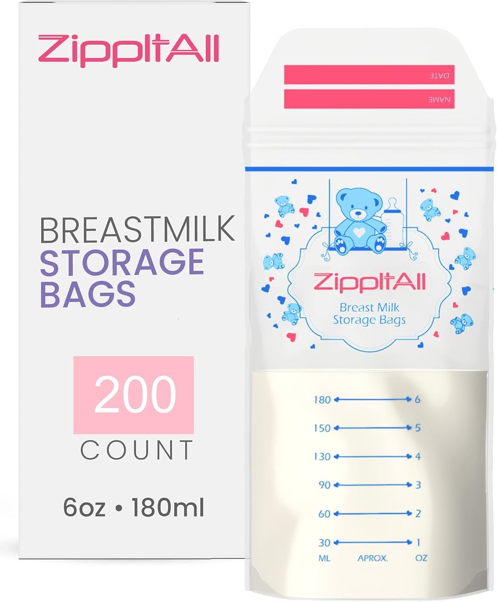 DiRose Breastmilk Storage Bags -6 oz 200 Count Double Zipper Leak Proof Capacity Extra Thick and Seal BPA/BPS Free/Disposable Pouches | Self-Standing Bag for Long and Safe Storing