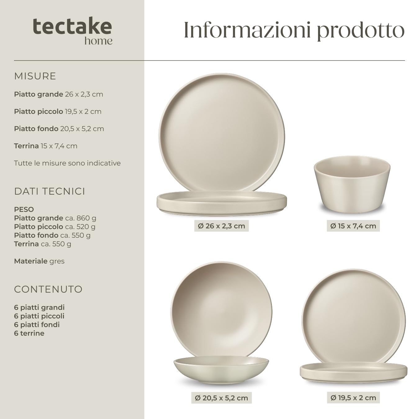 tectake® Set stoviglie 24 pezzi terracotta, servizio piatti 6 persone, set piatti moderni grandi, piccoli, fondi, ciotole, gres smaltato, design moderno, adatto lavastoviglie microonde - Tortora