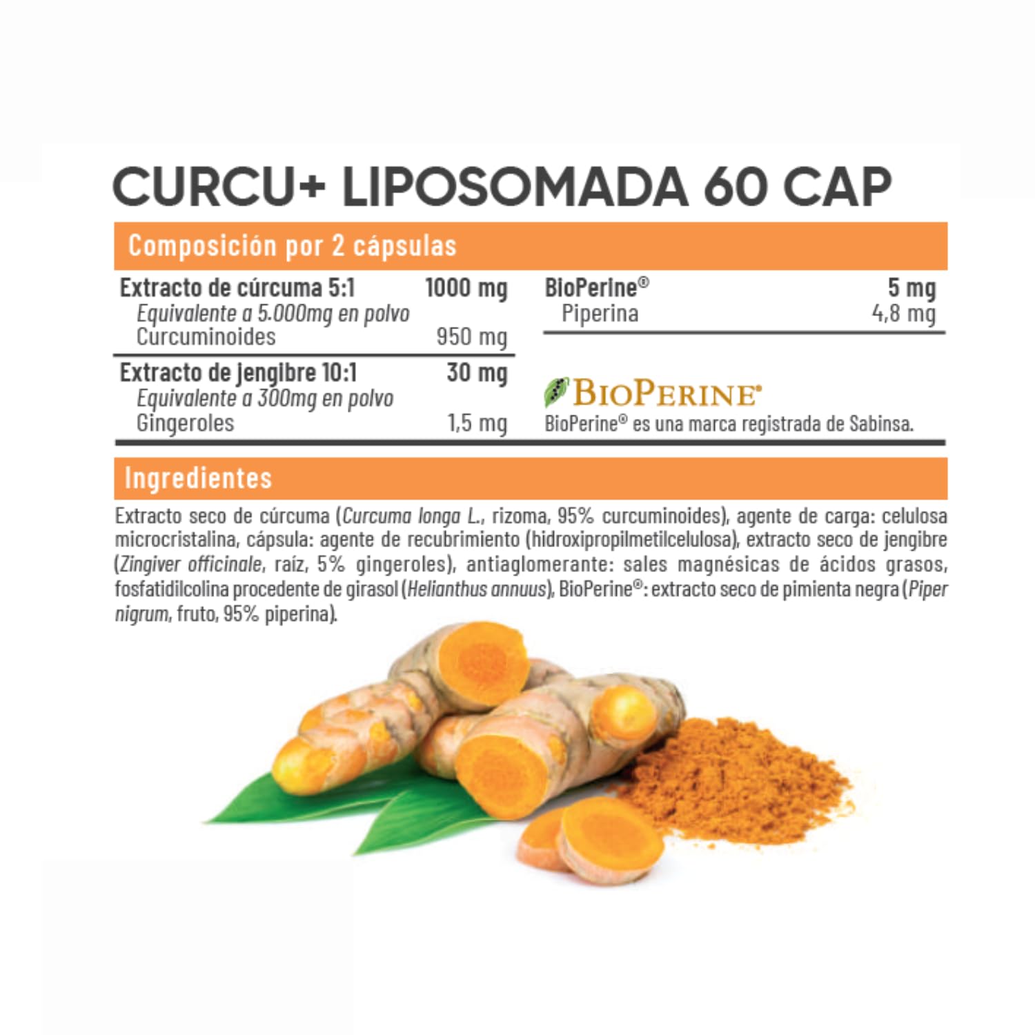 Curcu+ 60 Cápsulas – Cúrcuma Liposomada y Jengibre con BioPerine® – Suplemento para Articulaciones, Digestión, Inflamación y Daño Oxidativo