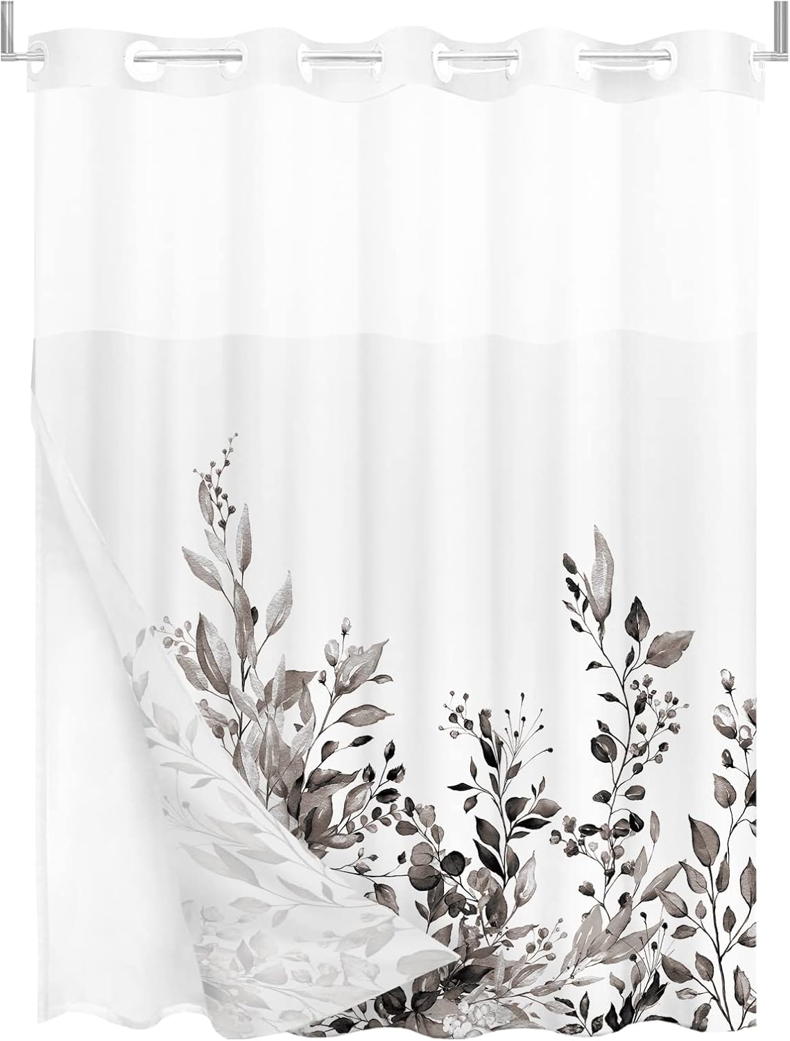 Tititex No Hooks Snap in Liner Black Eucalyptus Leaves Shower Curtain Sets, Hotel Luxury Double Layers Waterproof Fabric & See-Through Top Window Bathroom Decorative 72x72 Inch