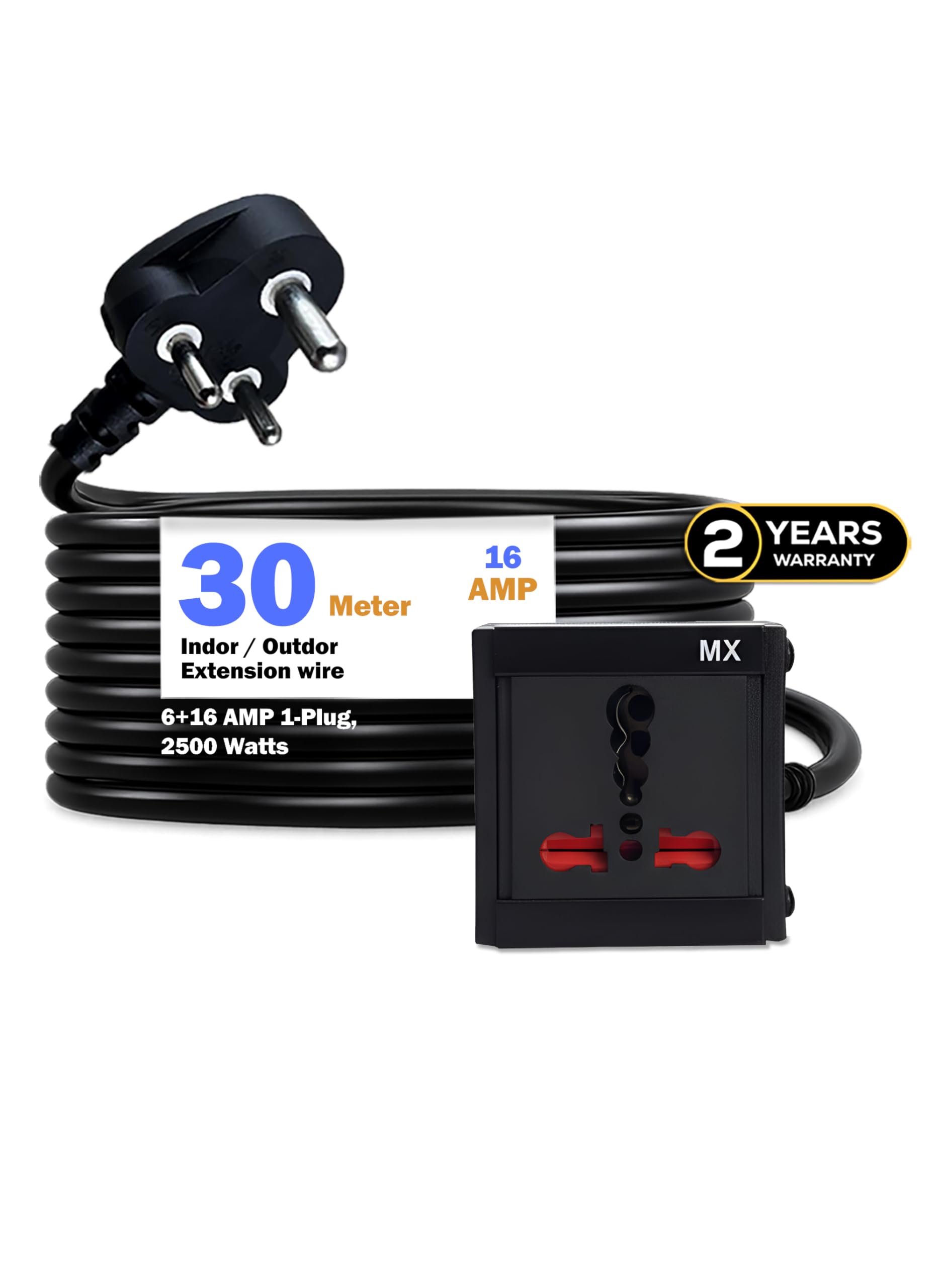 MX Single Socket Extension Board with Heavy Duty Long Extension Cord 30 Meter 2500W 6a to 16a Converter Plug (0.75 Sq.mm ISI Marked) Safety Shutter 16 AMP to 6 AMP Plug Power Cord-image-45