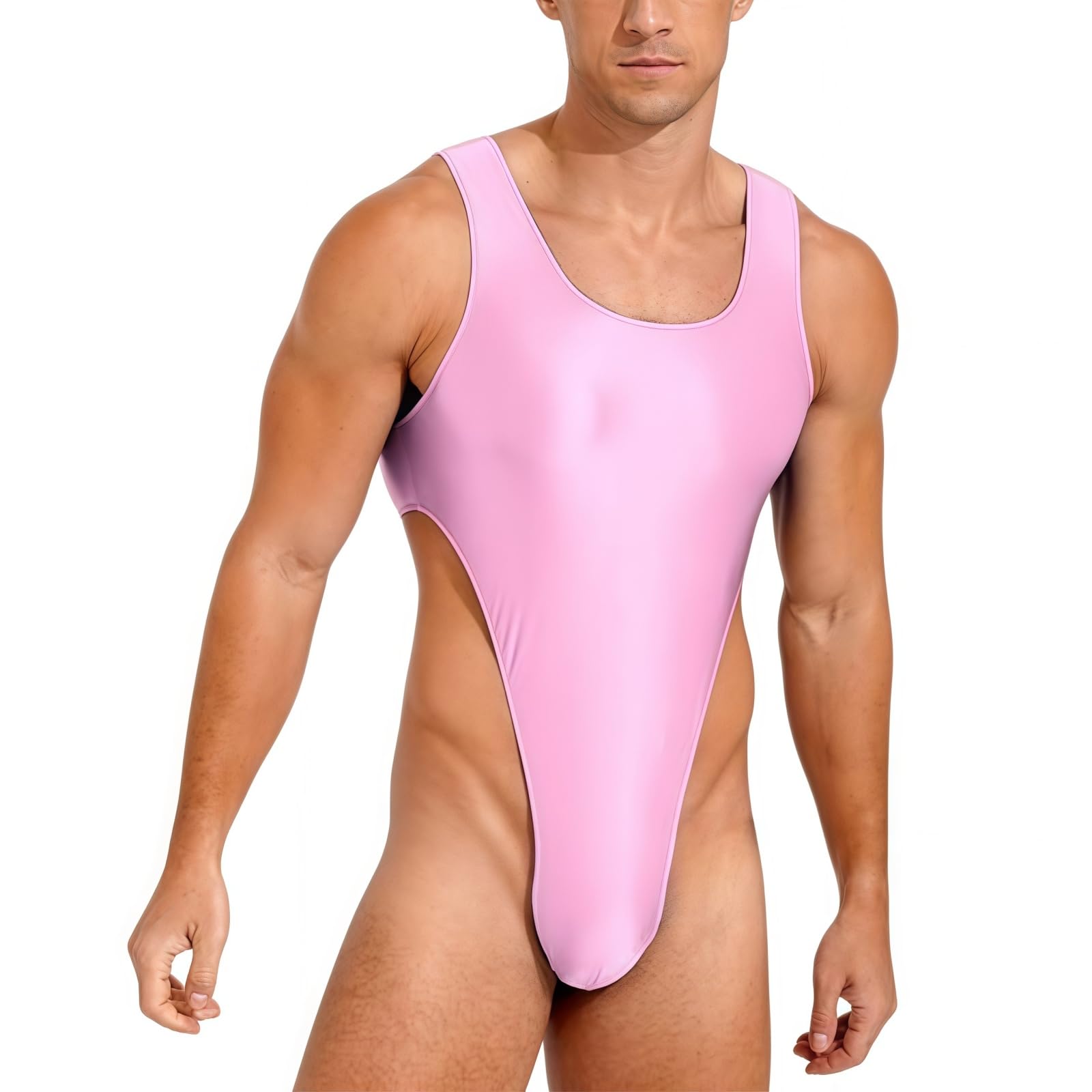 Justaucorps brillant pour hommes, sans manches col en U coupe haute body de gymnastique, combinaison de danse extensible à dos bas, solide coupe ajustée justaucorps une pièce pour l'entraînement