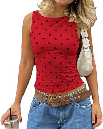 Women Y2k Vintage Polka Dot Tank Top Sleeveless Slim Fit Vest Fairy Grunge Crop Tops Teen Girl 00s Retro Streetwear
