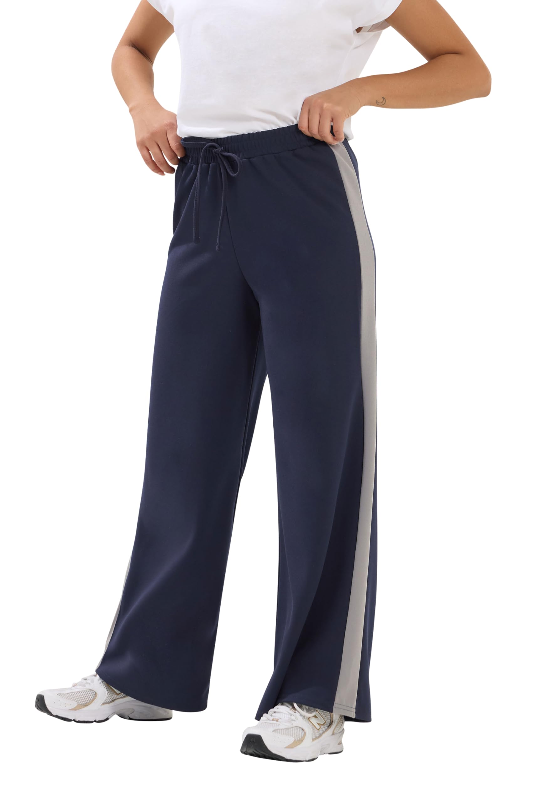 PixieGirl Petite Navy Blue Side Stripe Wide Leg Trousers Petite