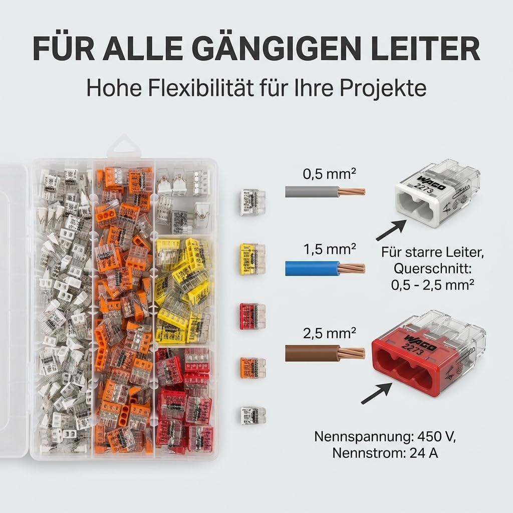 Verbindungsklemmen Set 250 Stück – enthält Original WAGO Klemmen Set Serie 2273 (2-, 3-, 4-, 5-, 8 polig) – Installationsklemmen in wiederverschließbarer Box
