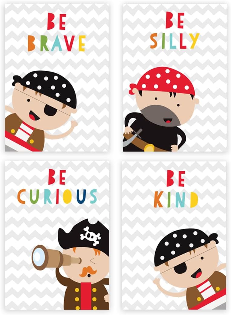 INKOLOGIE Nursery Boys Kids Wall Art Decor Poster Print, A4 Size 8.25 x 11.75-inch, Pirates, Be Brave, Be Silly, Be Curious, Be Kind, 4-Pack, No Frame