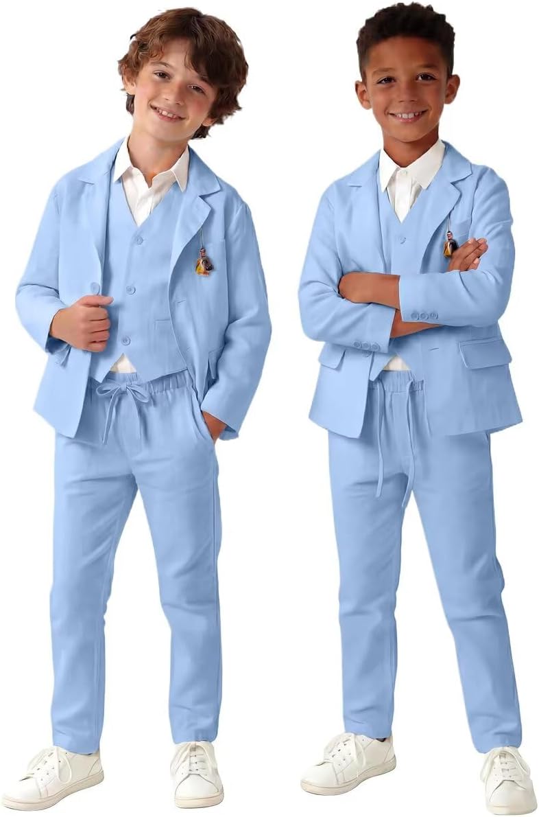Retro Linen Boys Suit Slim Fit 5 Piece Sets Kids Wedding Outfit Linen Suits Casual Drawstring Tuxedo Set for Boy