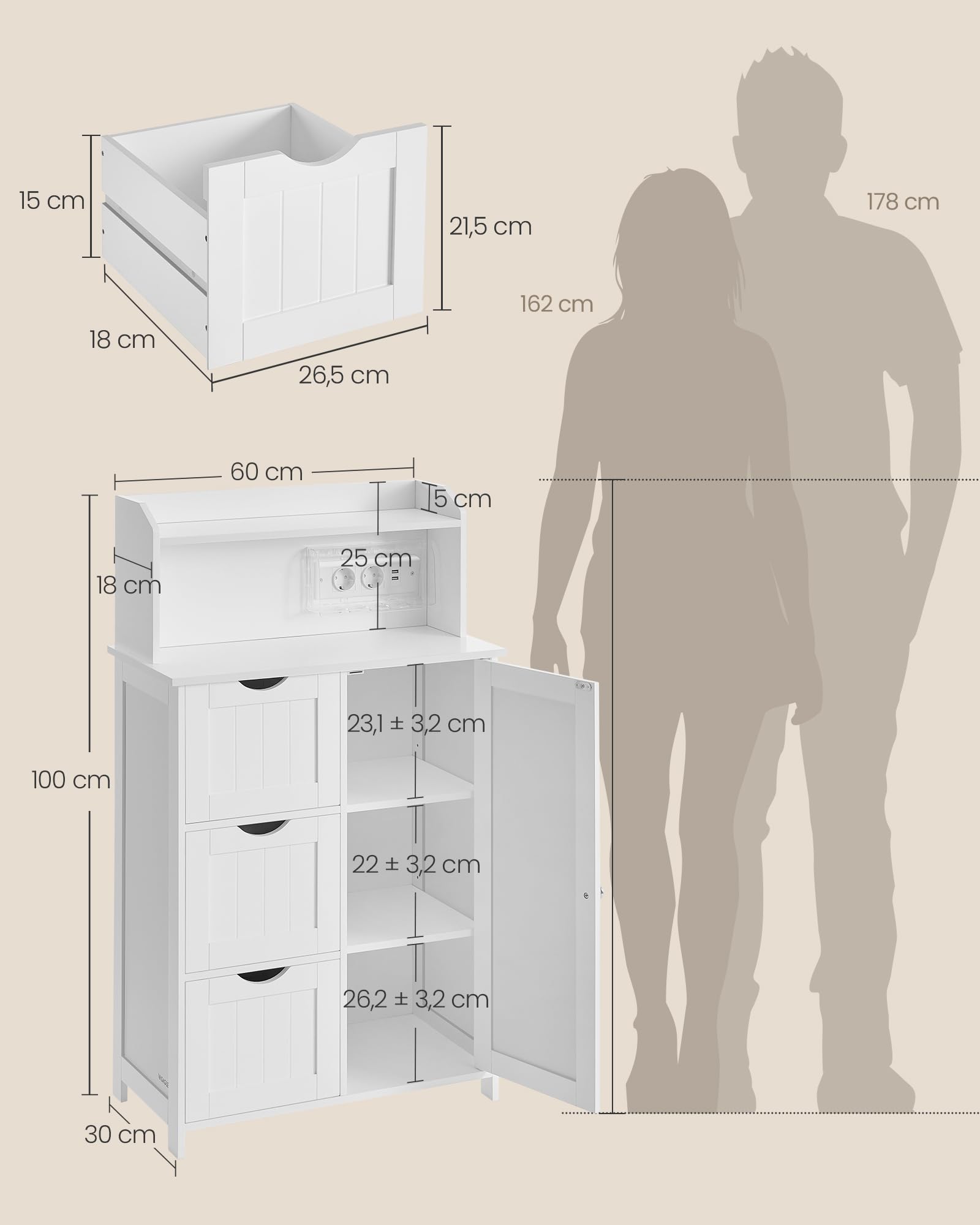 VASAGLE Badezimmerschrank, Badschrank, stehend, mit Tür, Steckdosenleiste, Schubladen, Schrank für Toilettenpapier, Toilettenschrank, verstellbare Ablagen, 30 x 60 x 100 cm, wolkenweiß BBC775W03