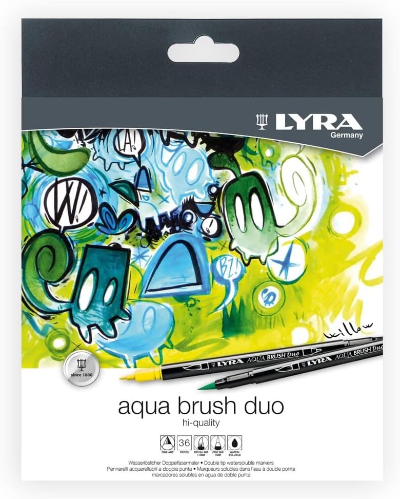Aqua Brush Duo Brush Markers - Set of 36 Water Based All Ages for Fine Details and Wide Strokes