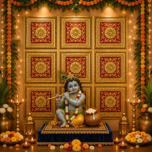 Image of SATYAM KRAFT 9 Piece Ganpati Bappa Backdrop Wall Panels (9 pcs Set) | 30 x 30 CM Each Panel | 90 x 90 CM DIY Mandap Background | 9 Panels | Includes Double-Sided Tape (Red)