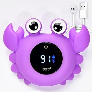Baby Bath Thermometer with Floating Toys & Room Temperature Monitor - Rechargeable Digital Thermometer with Temperature Alerts, Bath Essentials for Newborns, Infants Crab (Purple)