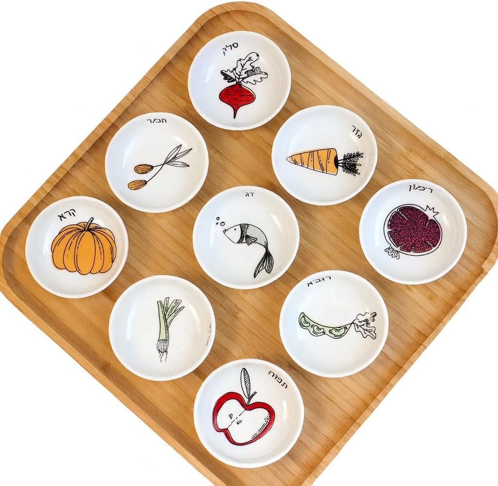 Handmade 13” Rosh Hashanah Premium Plate, Jewish Table Decorations and Ornaments Comes with Ceramic Bowls and Designed Prayer Card, Basket for Shana Tova by Mickala Design Studio