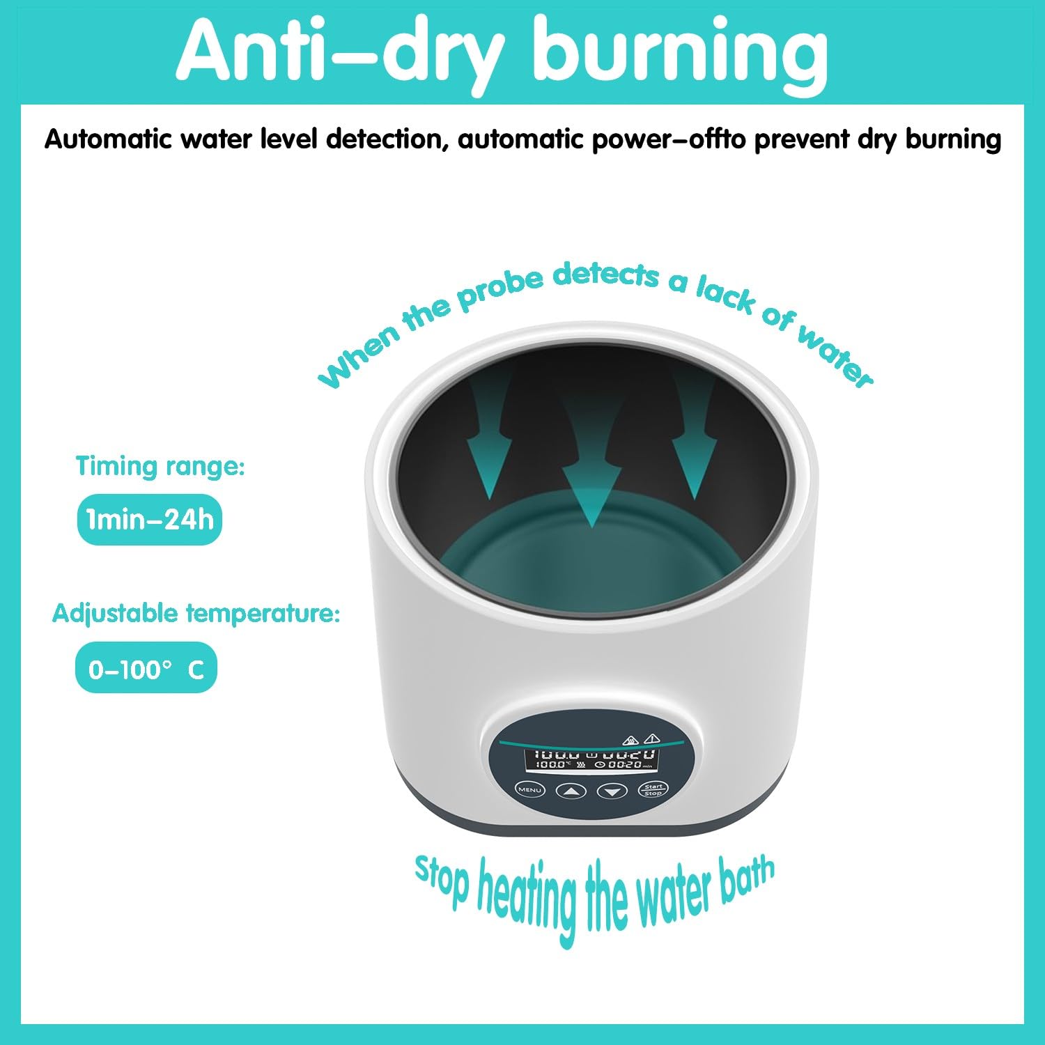 Digital Water Bath WB-2S, 304 Stainless Steel Tank, Ambient+5°C to 100°C Heating Range, ±0.1°C Accuracy, 24H Timer, Dual Dry-Burn Protection for Laboratory Thermostatic Applications