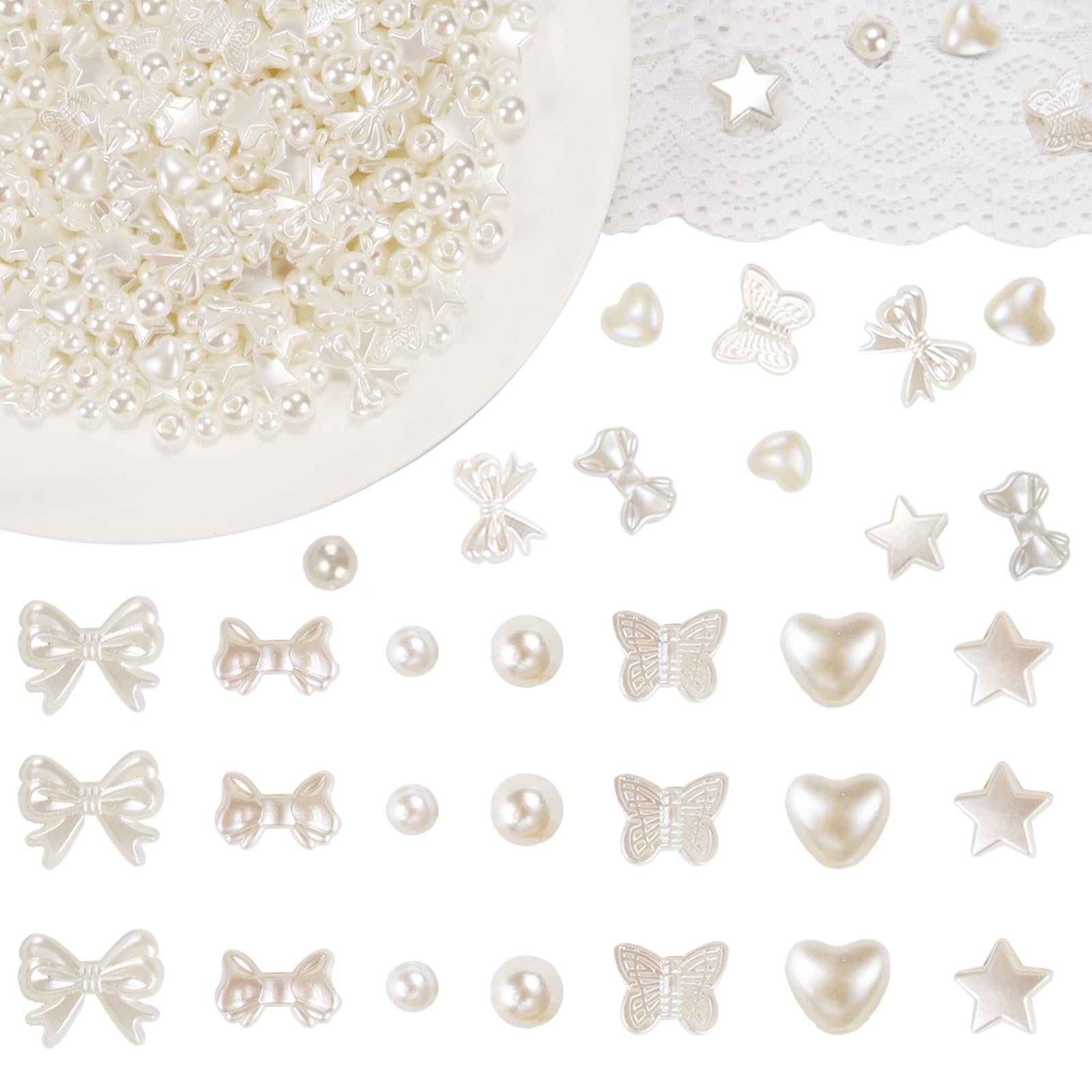 Lemonkey 400 Pcs Assorted Cute ABS Imitation Pearl Beads - Loose White Aesthetic Beads for Bracelets, Jewelry Making, Necklace, Earrings & Accessories