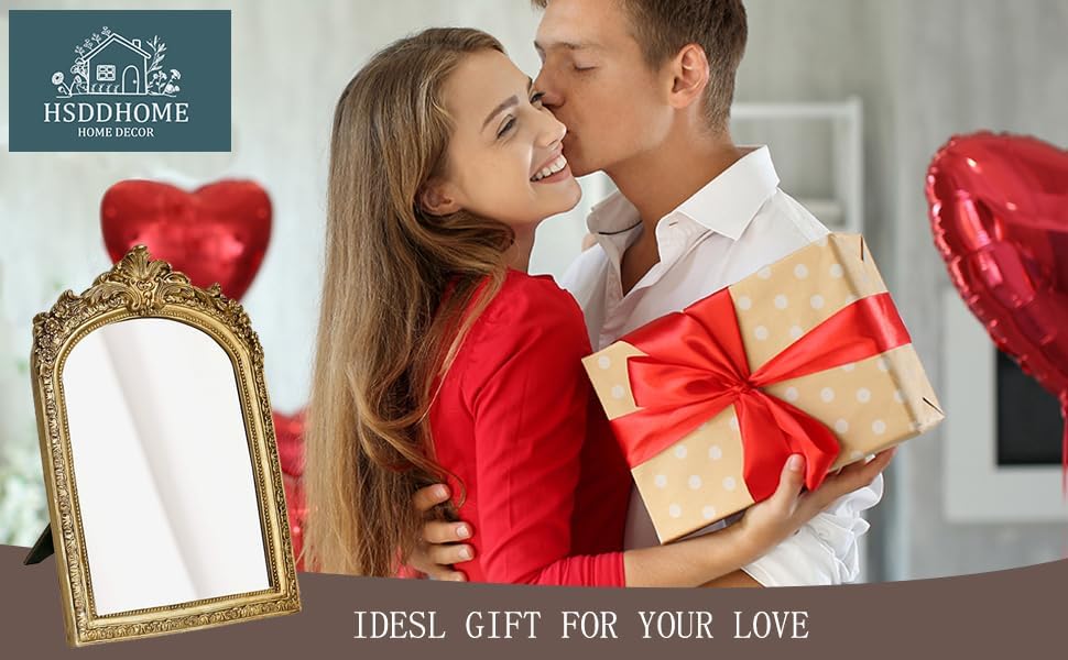 Miniatura 2 de Espejo de pared decorativo antiguo dorado pequeño para escritorio, espejo de mesa de arco tallado de resina con soporte para sala de estar,