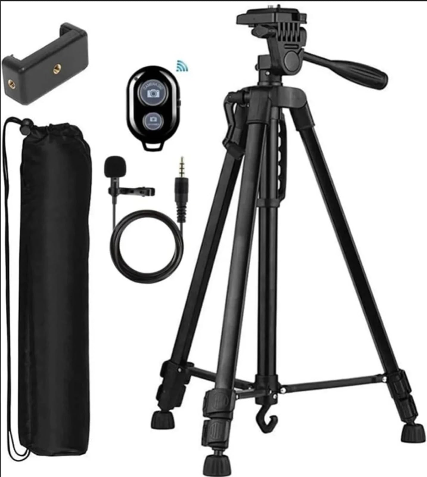 Aluminum Tripod (55-Inch), with Mic, Shutter Button & All Mobile Holder Tripod Kit (Black, Supports Up to 5 kg)-image-6