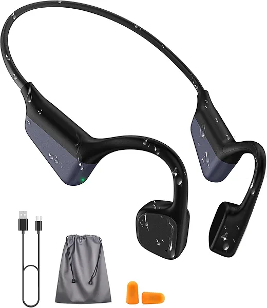 XPAU Bone Conduction Headphones, Waterproof Open Ear Wireless Bluetooth Shower Earbuds Noise Cancelling, HiFi Stereo Earphones with Mic, 18H Playtime, Comfort Headset for Sports, Work, Meeting