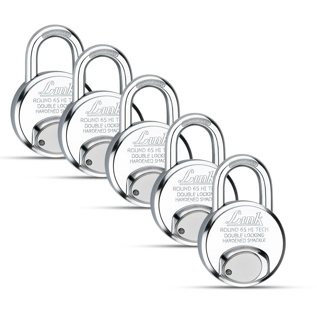 Link® Hi-Tech 65mm Round Padlocks Set 5Pcs Set | Stainless Steel Body | Hardened Shackle | 3 Iron Keys with Hi-Tech Nickle | Made in India |
