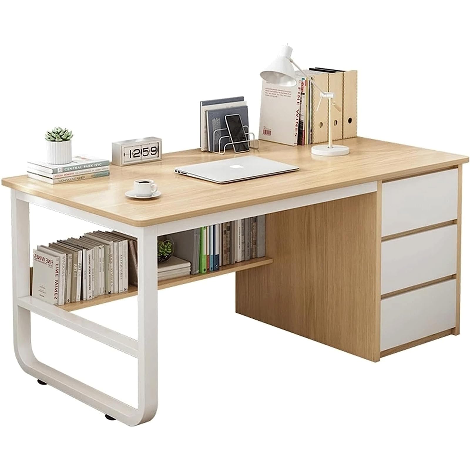 IUokLU Modern Adjustable Standing Desk with 3 Drawers & Storage Shelves - Multifunctional Office Workstation for Computer & Study White 120x48x75cm (Log 100X48X75CM)