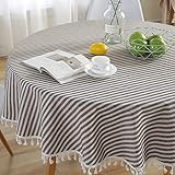 Lahome Stripe Tassel Tablecloth - Cotton Linen Table Cover Kitchen Dining Room Restaurant Party Decoration (Round - 60