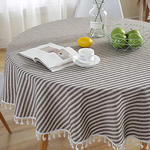 Lahome Stripe Tassel Tablecloth - Cotton Linen Table Cover Kitchen Dining Room Restaurant Party Decoration (Round - 60