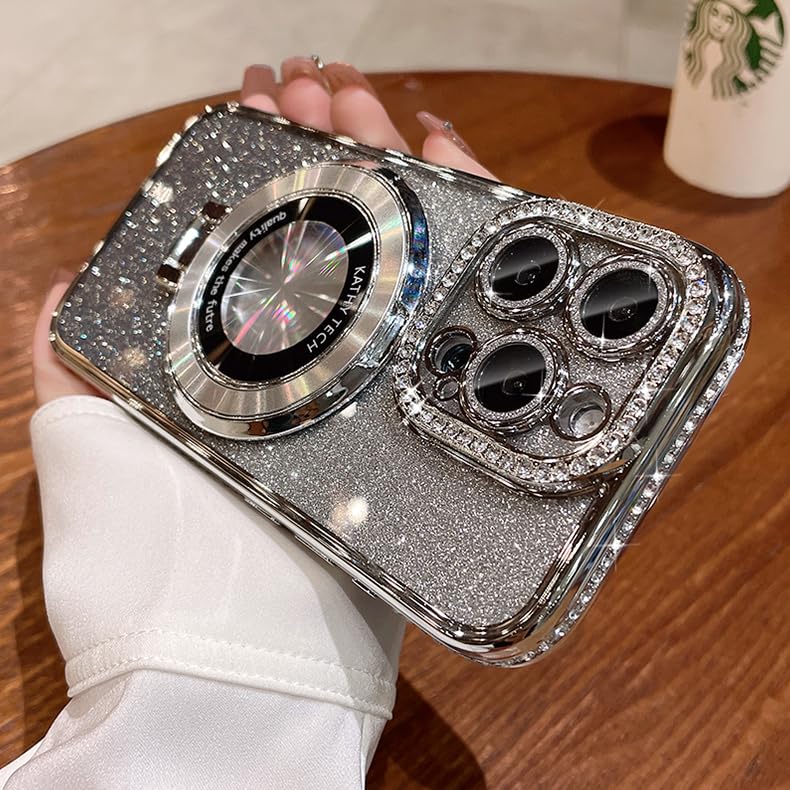 OUROL Magnetic Kickstand (Glitter Lens Protector ) Case for IPhone 15 14 13 12 Pro Max (Compatible with Magsafe ) Sparkling Diamond Cover Glitter Shiny Rhinestone Cases (Silver,for iPhone 13 Pro Max)