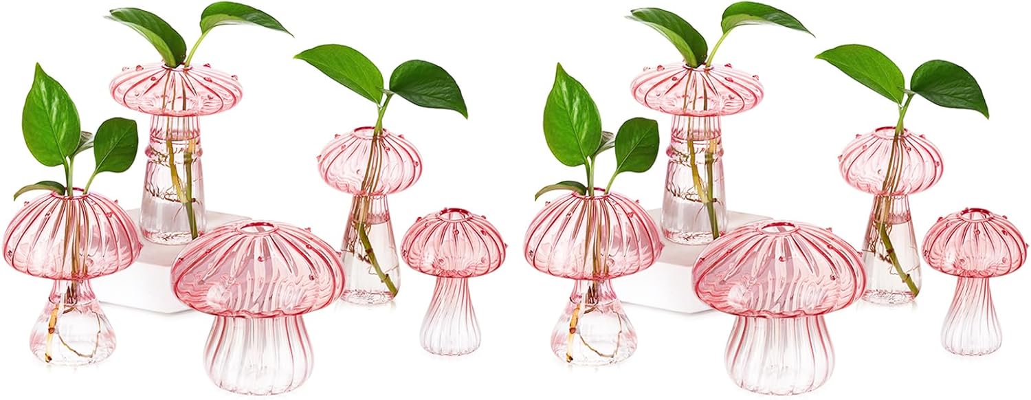 Hewory Mushroom Jars for Plants, 10pcs Pink Glass Mushroom Bud Vase for Flowers, Unique Plant Propagation Stations Propagating Vases Decor, Mini Cute Hydroponic Terrarium Planter for Indoor Planters