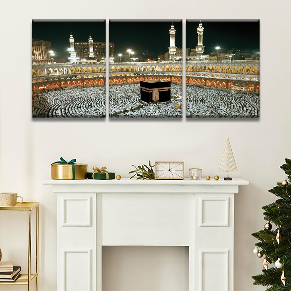 Living Room Wall Decorations Mecca Mosque Canvas Wall Art Mosque of Mecca on Ishaa Prayer Home Decor 3 Panel Mosque of Mecca Bedroom Decor Artwork for Home Walls Framed Ready to Hang 12X16X3 INCH image 2