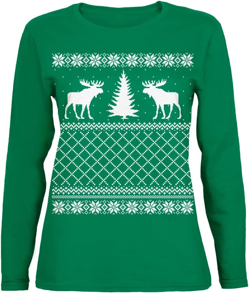 Animal World Moose Ugly Christmas Sweater Green Womens Long Sleeve T-Shirt