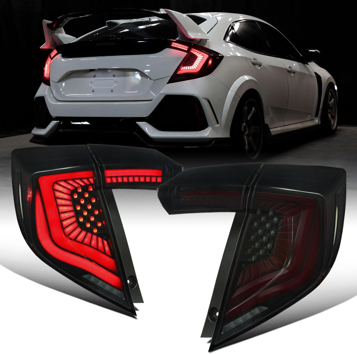 Ronnin - Fits 2017-2021 Honda Civic Hatchback Full LED Tail Lights Animated Startup Effect + Sequential Signal Lamps Replacement Pair | Black Smoke