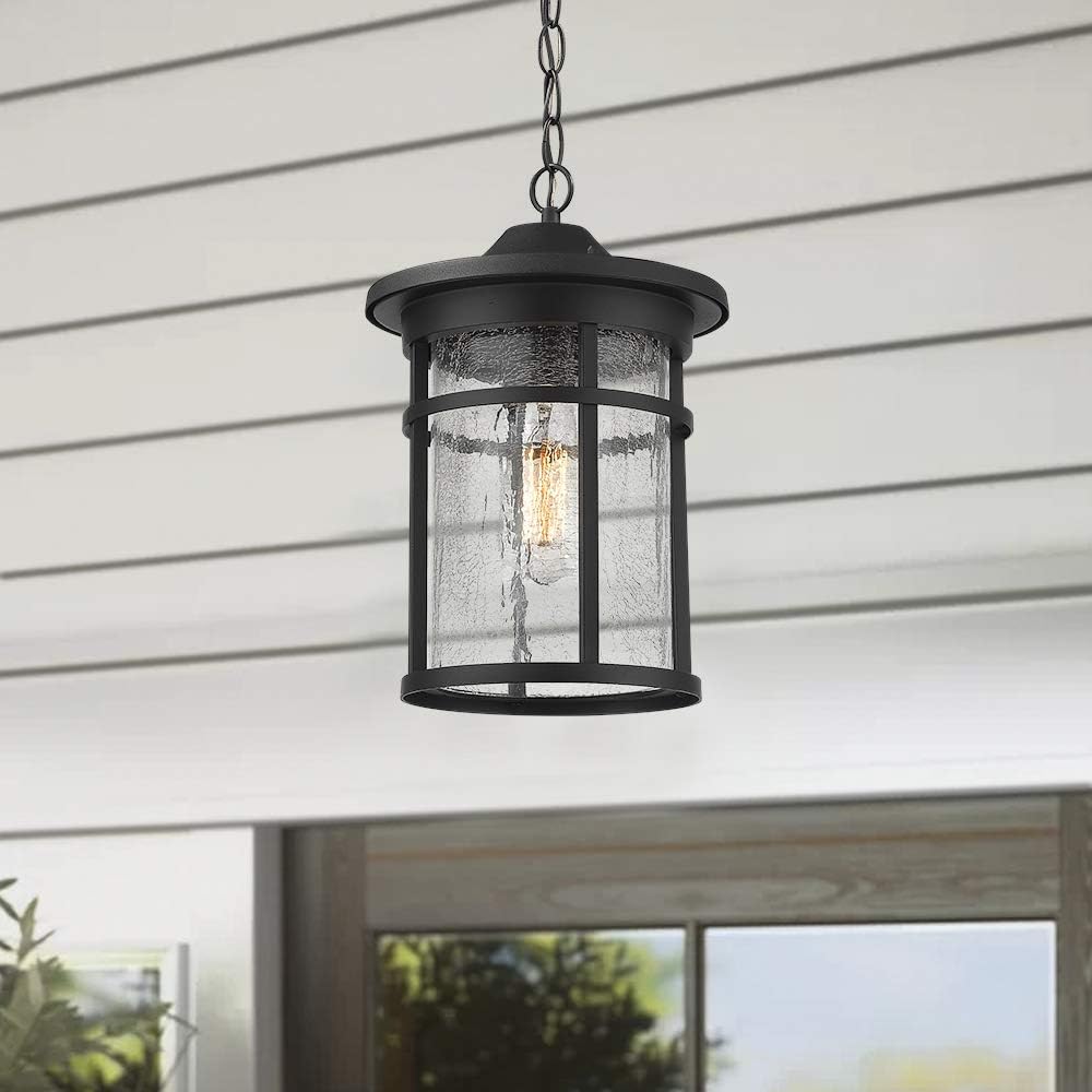 Best Cyber Monday 🔥 Emliviar Outdoor Hanging Lantern Light Fixture, 1-Light Exterior Pendant Porch Light in Black Finish with Crackle Glass, A208511D1