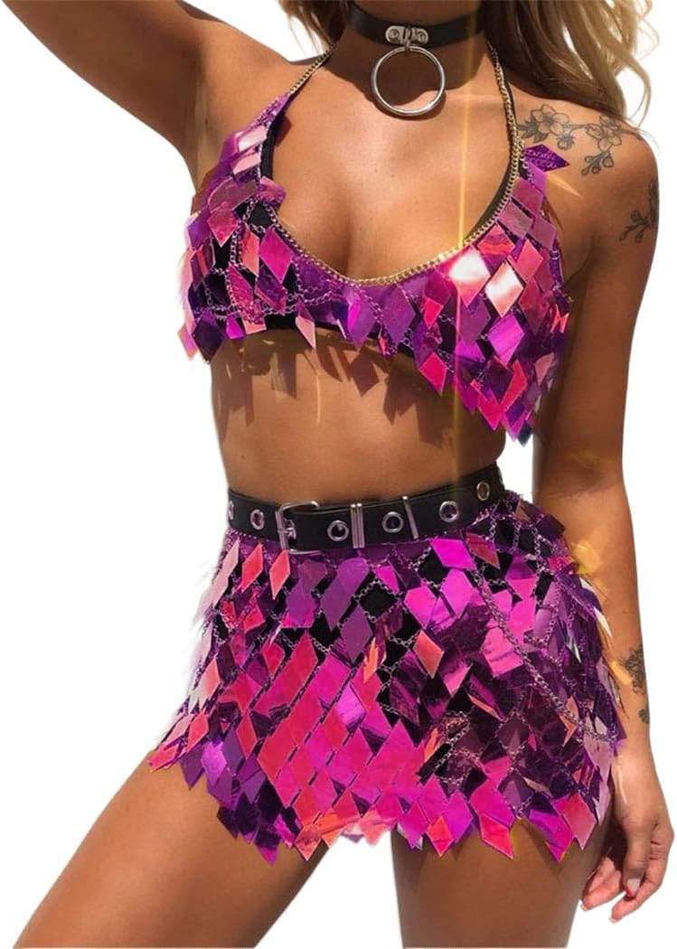 TWINKLEDE Sequin Mermaid Body Chain Top Skirt Sparkly Skirts Bikini Rave Outfits for Women