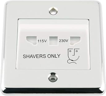 Shaver Socket Single Plate - Polished Chrome - Classic - White Insert - Dual Voltage 115V/ 230V