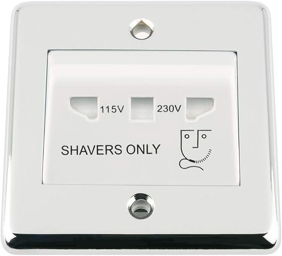 Shaver Socket Single Plate - Polished Chrome - Classic - White Insert - Dual Voltage 115V/ 230V