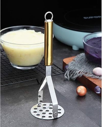 Miniatura 3 de Berglander Triturador de papas, acero inoxidable resistente con mango dorado con revestimiento de titanio, triturador de cocina, triturador de