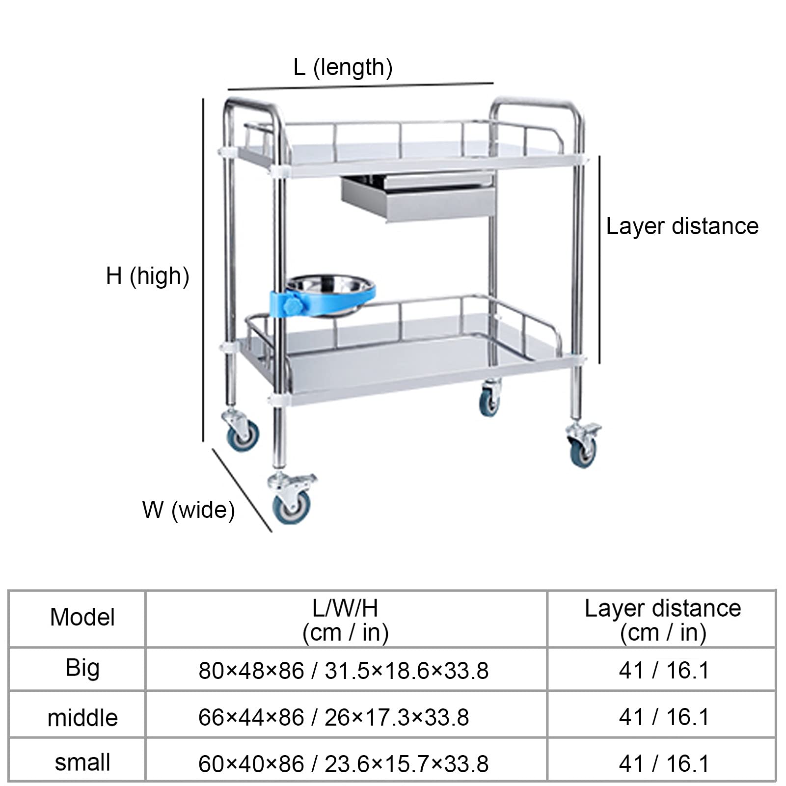 Carrello di Servizio, Carrello di Servizio in Acciaio Inossidabile, ripiano per Auto da Cucina Staccabile a 2/3 Livelli, Carrello di Servizio di utilità, Carrello di,2 Layers-60 * 40 * 86Cm