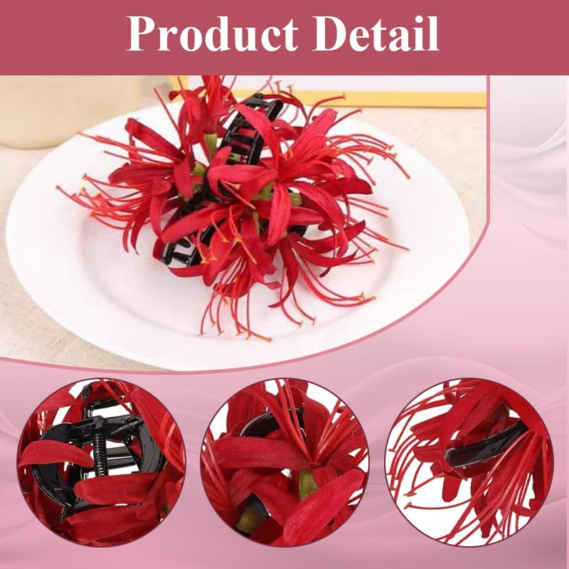 Image of Spider Lily Hair Claw Clips,Large Red Flower Hair Clips for Women,Non-Slip Hawaiian Beach Claw Clip for Thick Hair,﻿Realistic Flower Hair Accessories for Tea Party Bridal Wedding